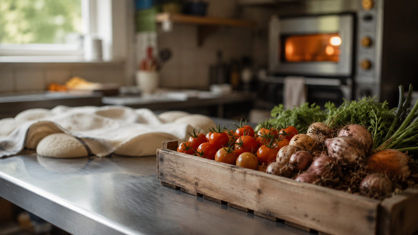 Freshly harvested tomatoes and shallots in a wooden crate on a kitchen bench, with pizza dough proving and an oven glowing in the background