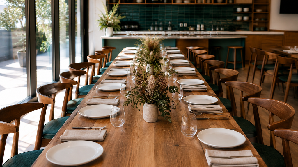A long table set for lunch with white plates, glasses and linen napkins in a bright dining room.